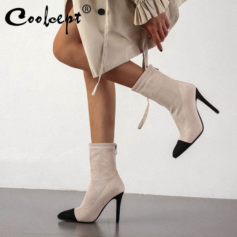 

Coolcept Mid Calf Stretch Boots Women Mixed Color Casual Fall Winter Shoes Women Sexy Pointed Toe Thin Heels Footwear Size 34-43, Black