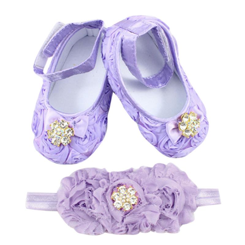 

Purple Baby Shoe and Headband First Footwear of a Newborn Princess Elegant Walker Shoes for Girl  to 18 Month, As pic