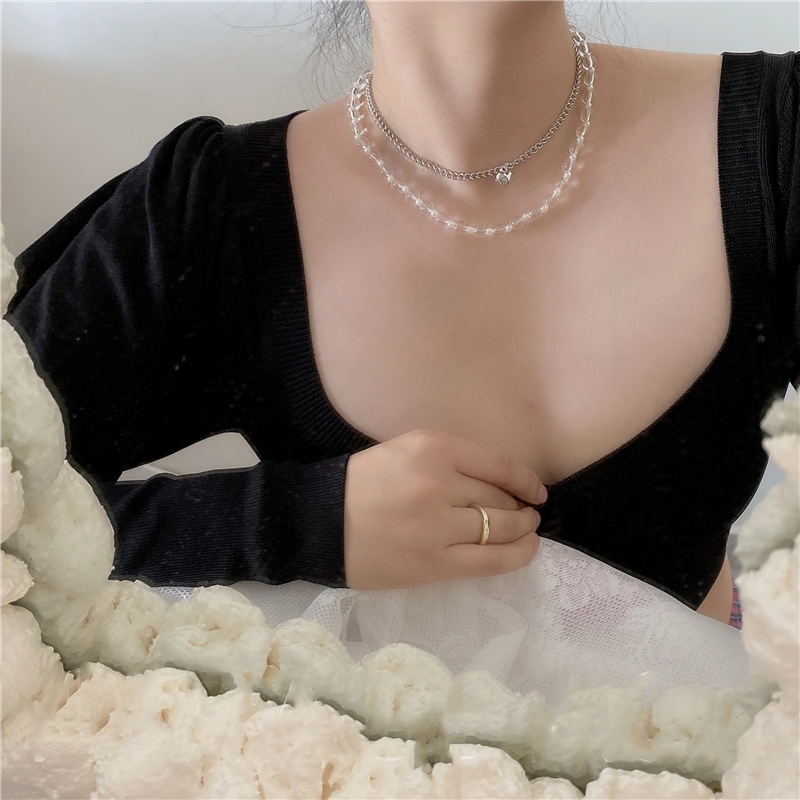 

Kpop Fashion Choker Necklace heart Double Layer Chain Transparent resin beads Necklace for woman Aesthetic Jewelry 2020 Collar