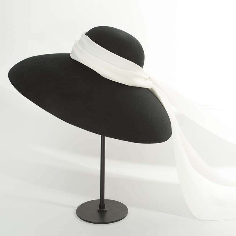 

100% wool British vintage wool big brim top hat ladies stage shape bow ribbon drooping felt hat, Black