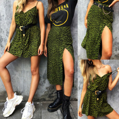 

Fashion Women Leopard V-neck Button Sleeveless Dress Strappy Summer Slit Sexy Short Mini Dresses Beach