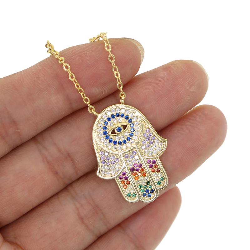 

Chains 2021 Gold Color Multi Rainbow Cz Lucky Turkish Evil Eye Jewelry Women Charm Dainty Simple Hamsa Hand Fatimas Necklace