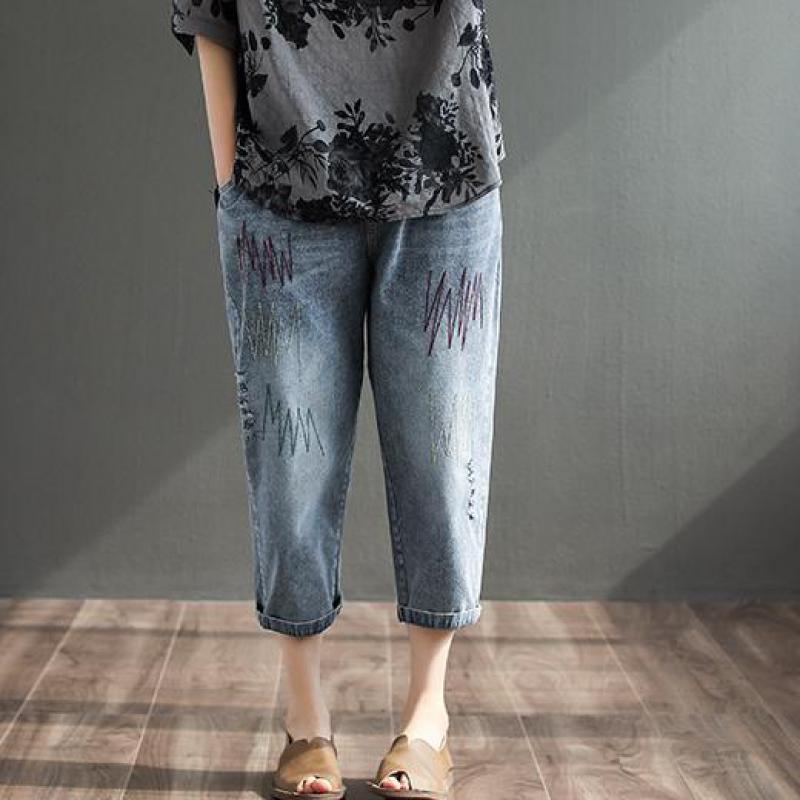 

QPFJQD Spring Autumn Vintage Embroidery Holes Elastic Waist Jeans Loose Casual Fashion Women Harem Denim Trousers, Blue