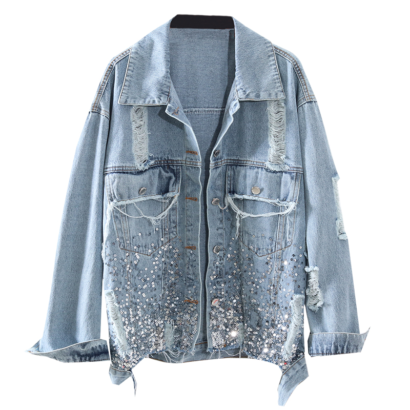 

Streetwear Denim Jacket Women Fashion sequins Pocket Long Sleeve Jeans Jacket Female Loose Plus size Jeans Coat Harajuku Jackets, Blue