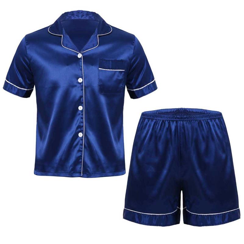 

Mens Silky Satin Pajamas Set Short Sleeves Button Down Shirt Top with Elastic Waist Boxer Shorts Sleepwear Loungewear Outfits, Green