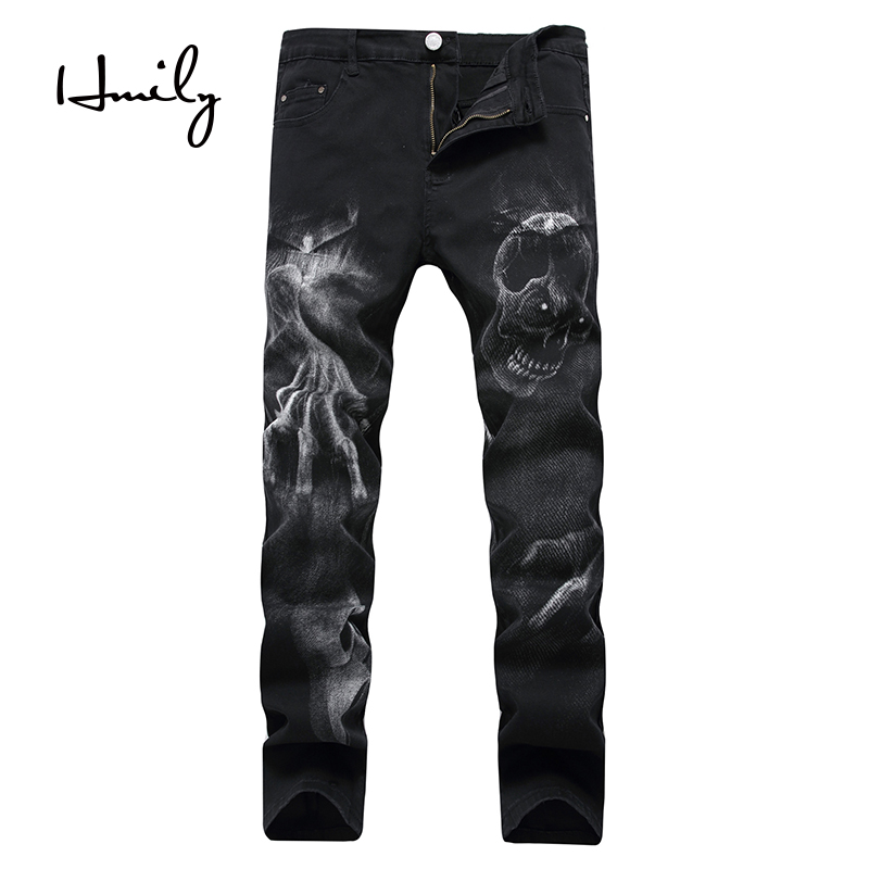 

HMILY New Fashion Men's Skull Printed Jeans Men Slim Straight Black Stretch Jeans High Quality Designer Pants Nightclubs, 915