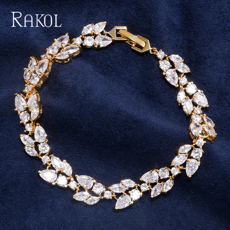 

RAKOL Luxury Bracelets Charm Paved Cubic Zircon Rose Gold Color Bridal Wedding Bracelet For Women Cut Crystal Brand Jewelry