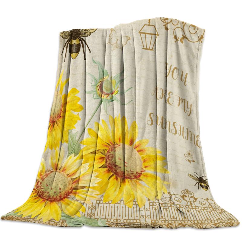

Sunflowers Bees Retro Flannel Blanket for Bed Sofa Portable Soft Fleece Throw Funny Plush Bedspreads
