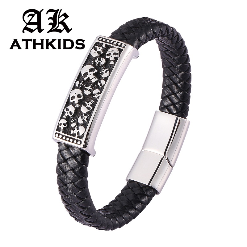 

Hot Gifts Black Braided Leather Bracelet Men Jewelry Punk Skeleton Skull Bracelets Bangles Fashion Male Wrist Band PD0473
