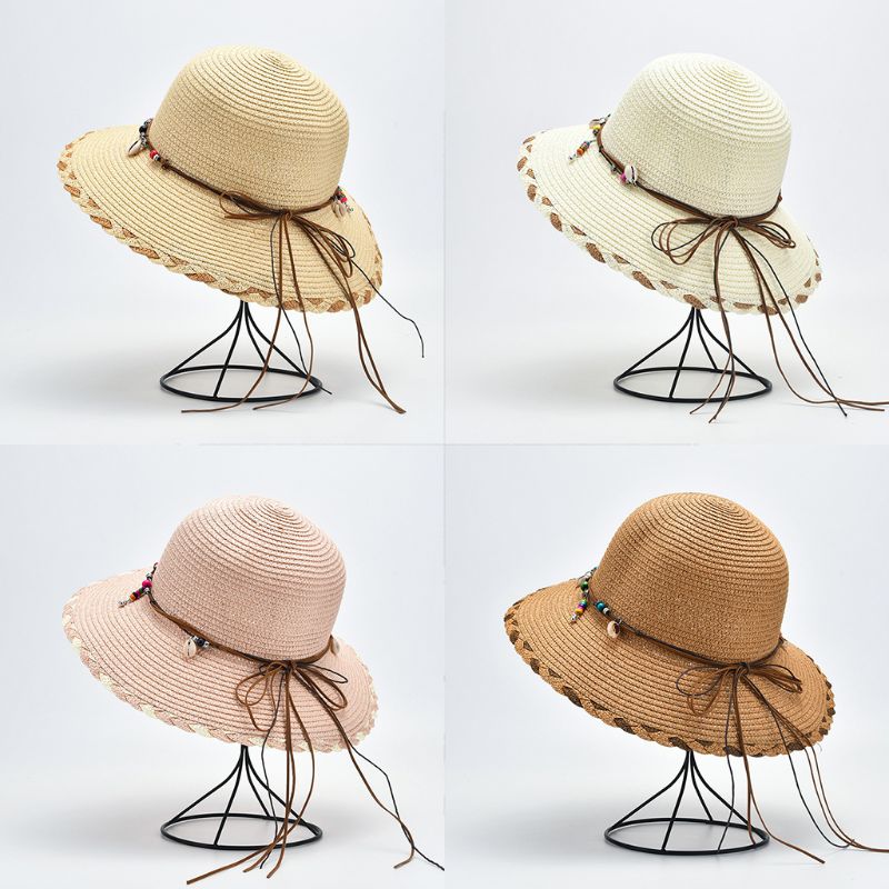 

Women Summer Straw Sun Visor Hat Boho Beaded Shell Tassels Bowknot Braided Wide Brim Sunscreen Travel Vacation Beach Cap, Cf