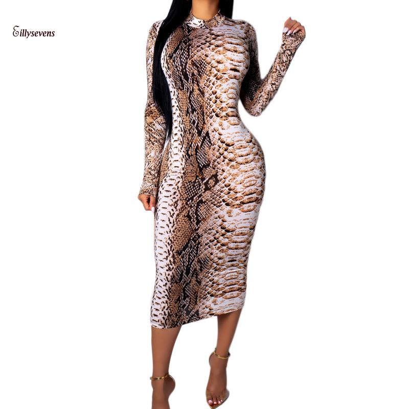 

Women Long Dresses Long Sleeves Serpentine Printing Zipper Tight Sexy Party Dress Autumn Winter 2020 New Arrival Vestidos