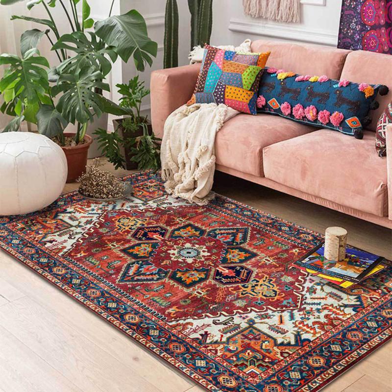 

Fashion American Persian Carpet Retro Geometry Red Flower Design Living Room Bedroom Hall Vintage 3D Ethnic Bedside Rug Washable