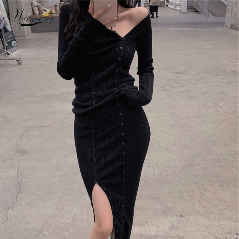 

Fall Winter Ladies Long and short Slim Fit Sexy Double Breasted Solid Dress Women Knitted Base Dress 2020 Long Sleeve C-207