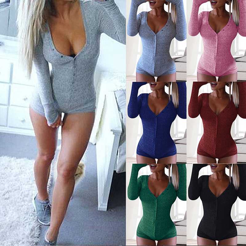 

Solid Sexy Cotton Onesie Ladies Sportswear Women Bodysuit For Adults V-neck One Piece Jumpsuit Sexy Club Party Clothes, Black