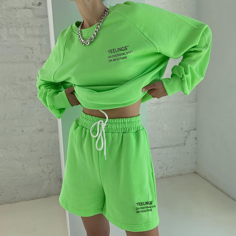 

Letter Print 2 Piece Sets Womens Outfits Drawstring Shorts Long Sleeve Sweatshirts Tracksuits Women Set Two Pieces Fall, Green short