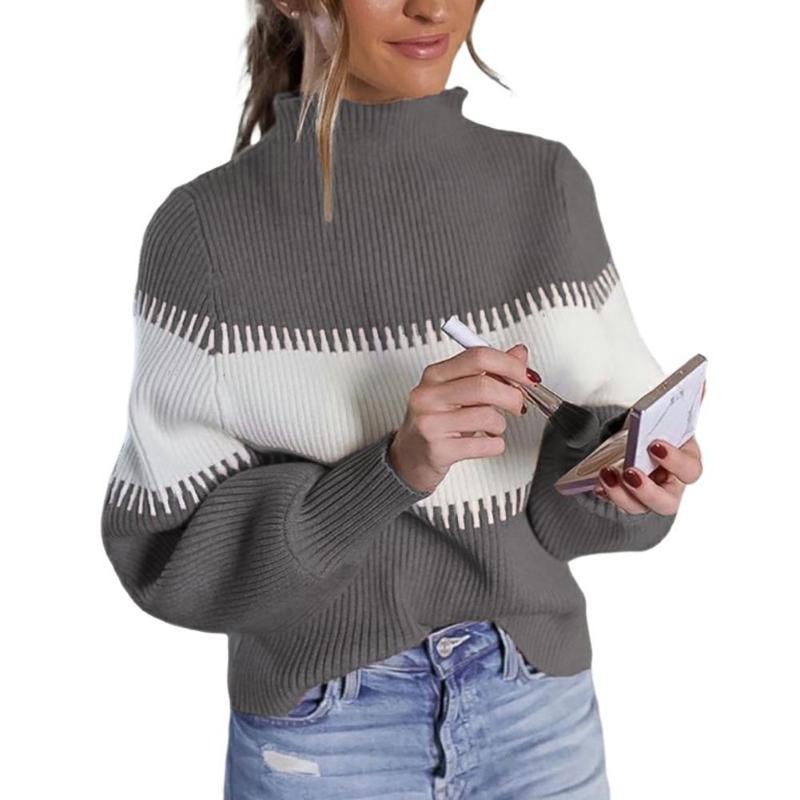 

Women Autumn Turtle Neck Long Puff Sleeve Color Block Pullover Sweater Knitwear, Brown