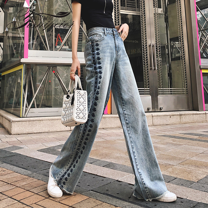 

Women Vintage embroidery cotton Harem Pants Jeans Denim Trousers female fashion longer high waist was thinr Denim Pants wq1786, Blue