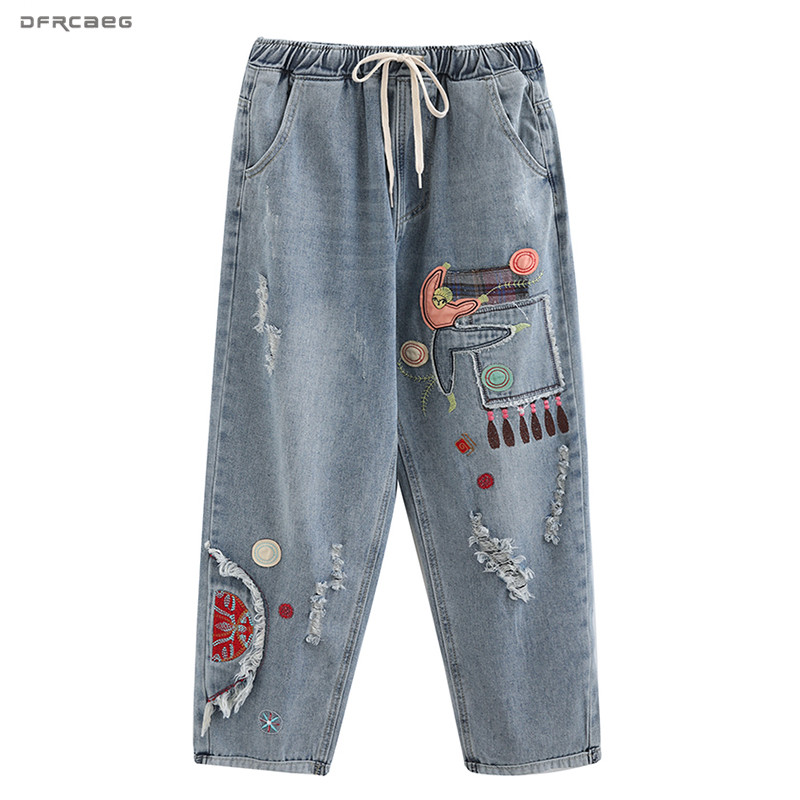 

Patchwork Embroidery Female Denim Pants With Hole 2020 Spring Elastic Waist Streetwear Plus Size Women Jeans Trousers Female, Blue