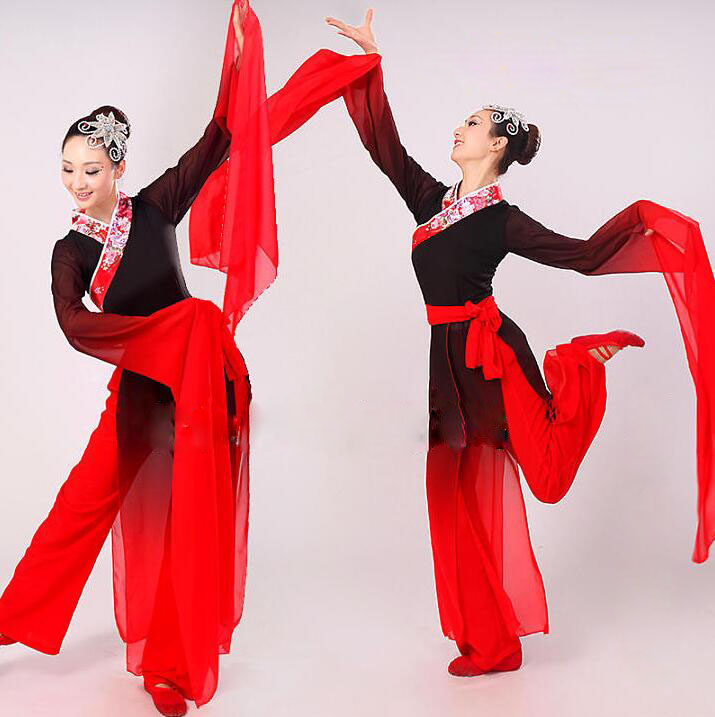 

New Woman Gradient Ink Water Sleeves Costumes Chinese Classical Dance Clothes Black Red Long Sleeves Hanfu Ancient Fairy Set, Black with red