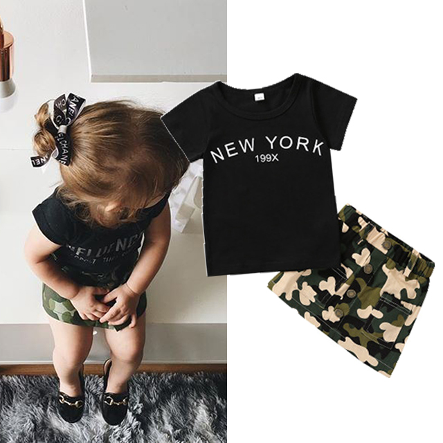 

Summer Baby Clothes Girl Clothing Set T-shirt Skirt Outfit Kids Shorts Set Fashion Toddler Kids Clothes 1 2 3 4 5 Years, Black