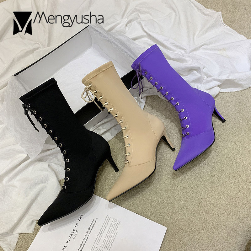 

pointed toe cross-tied fashion mid-calf boots women high heels stretch sock bottes femme lace up yarn elastic band botas c112, Beige