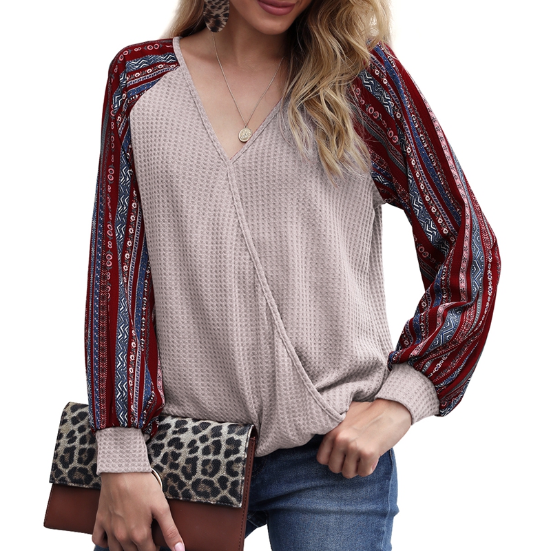 

Women Print T-shirt Creative Irregular long sleeve T-shirt Autumn Winter Deep V-neck Pullover Patchwork