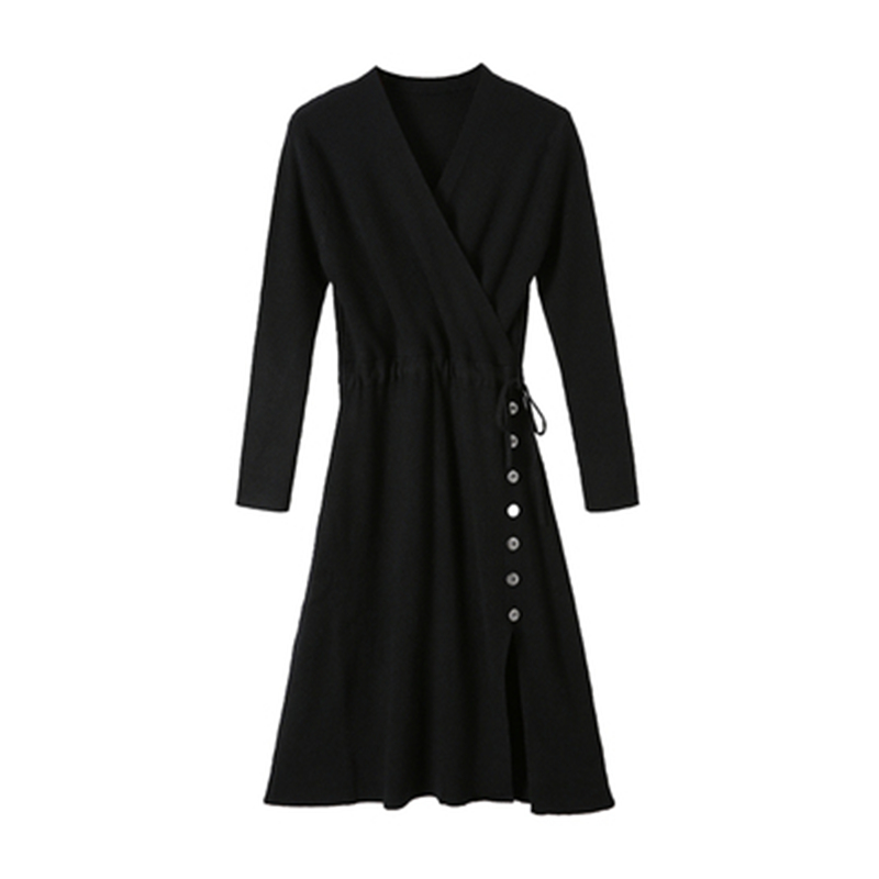 

New Autumn Winter Women's Knit Long Dress Elegant Ladies Work Dress Fashion Slim Long Sleeve V-neck Female Sweater Dresse N345, Black