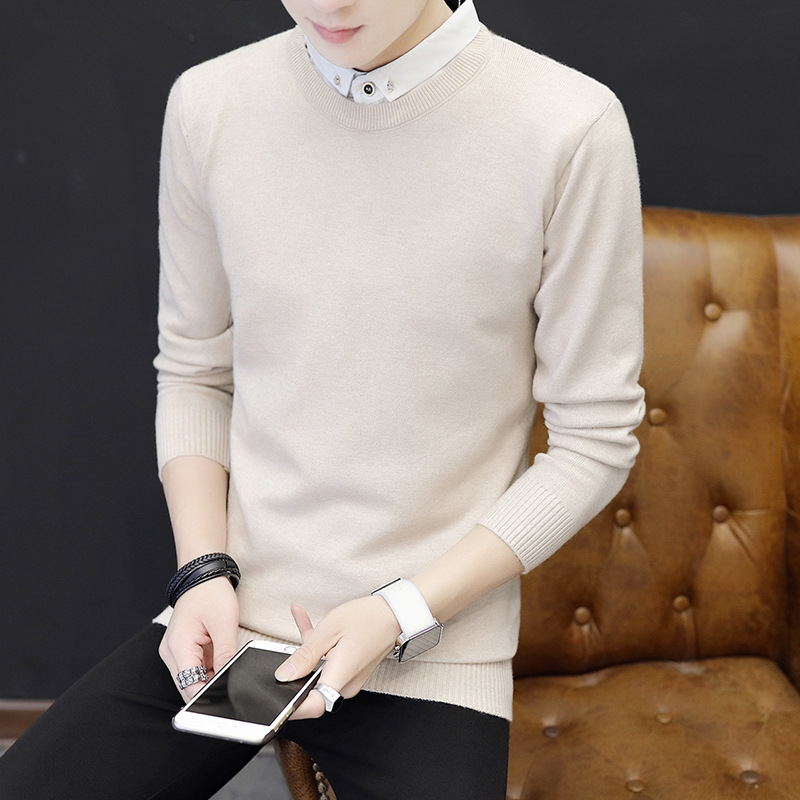 

Autumn Shirt Collar Mens Sweaters 2020 Pullover Knitted Preppy Style Men Sweater Thin Clothes Fake Two Pieces Black Pullovers, Beige