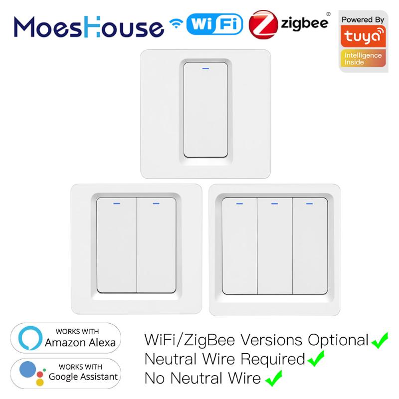 

WiFi ZigBee Smart Push Button Switch No Neutral Required Smart Life Tuya APP Alexa Google Home Voice Control 2/3 Way EU UK New