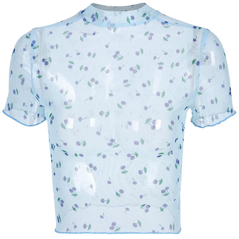 

Navel Exposed Tops Women Shirt Casual Cute Short Sleeve Pullover Loving Heart Clothes Floral Crew Neck Mesh Gauze Summer Sexy, Pink