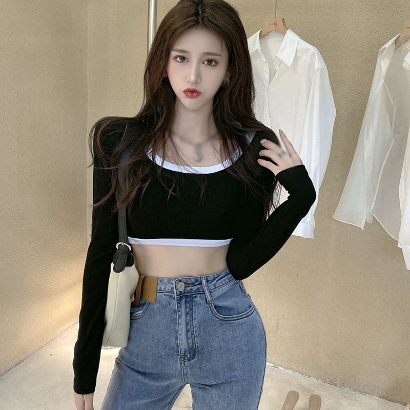 

Sexy Short T-shirt Women Fashion Patchwork Navel Exposed Knitted Tops Autumn Fashion Long Sleeve T-shirts, Black