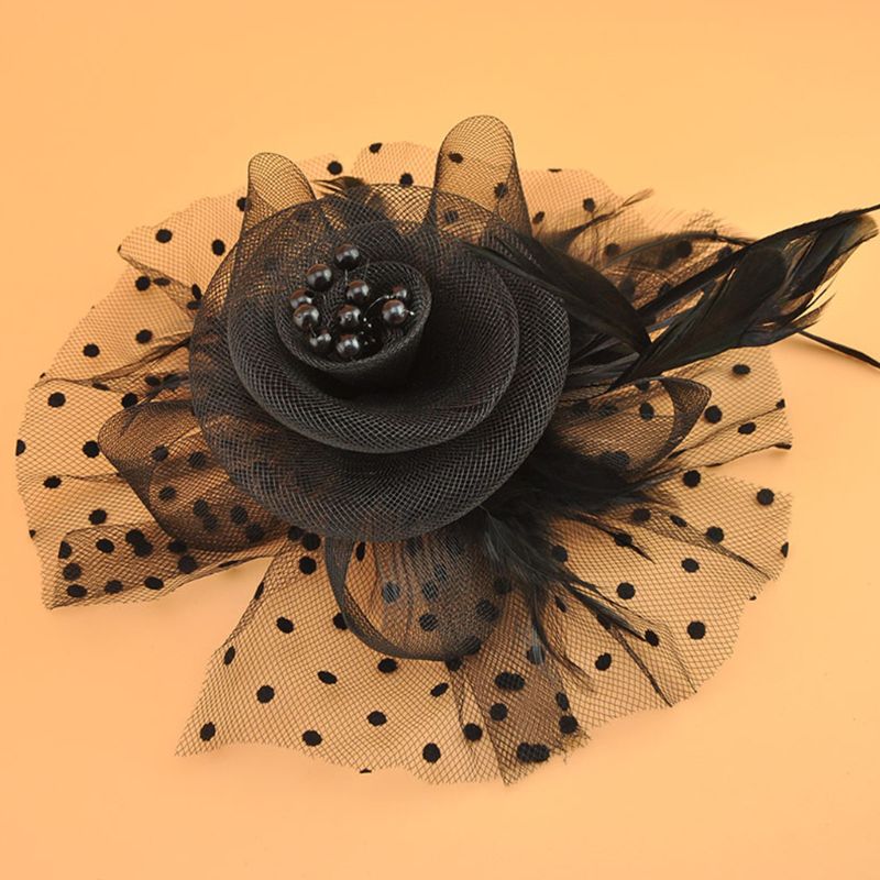 

Womens Womens Bridal Wedding Fascinator Mesh Veil Hat Solid Color Big Flower Faux Pearl Beaded Hair Clip Feathers Wave Point 13