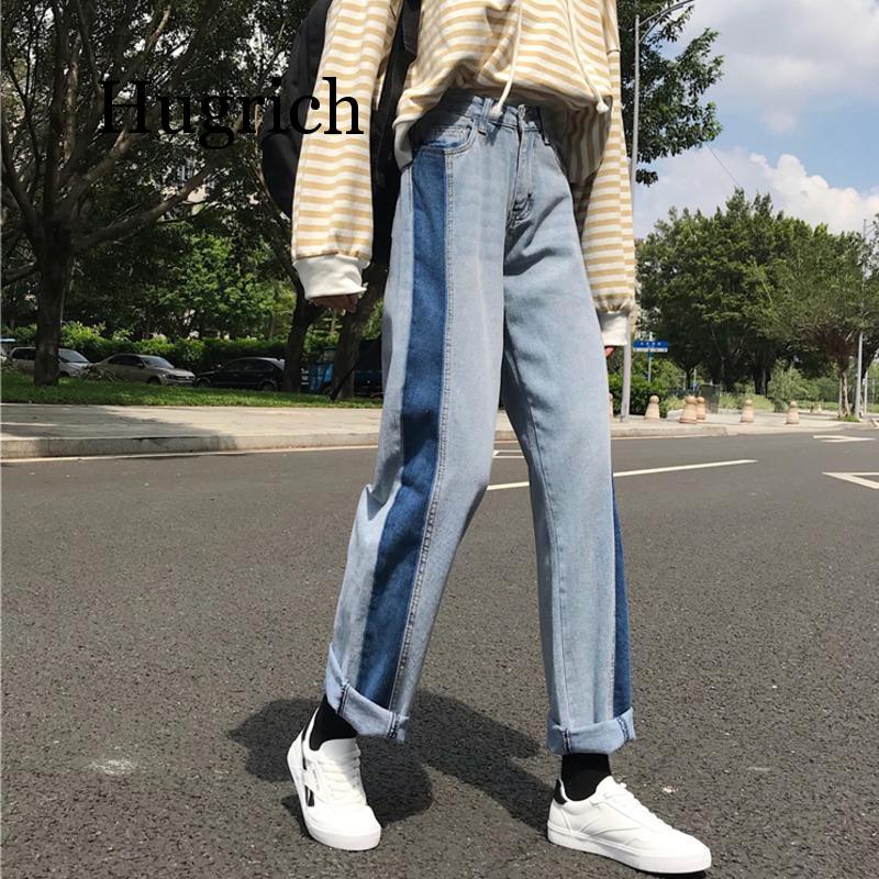 

2020 Autumn Fashion Trend New Pattern Women' Jeans Stitching Straight Trousers Stretch Wash Straight Thin, Blue