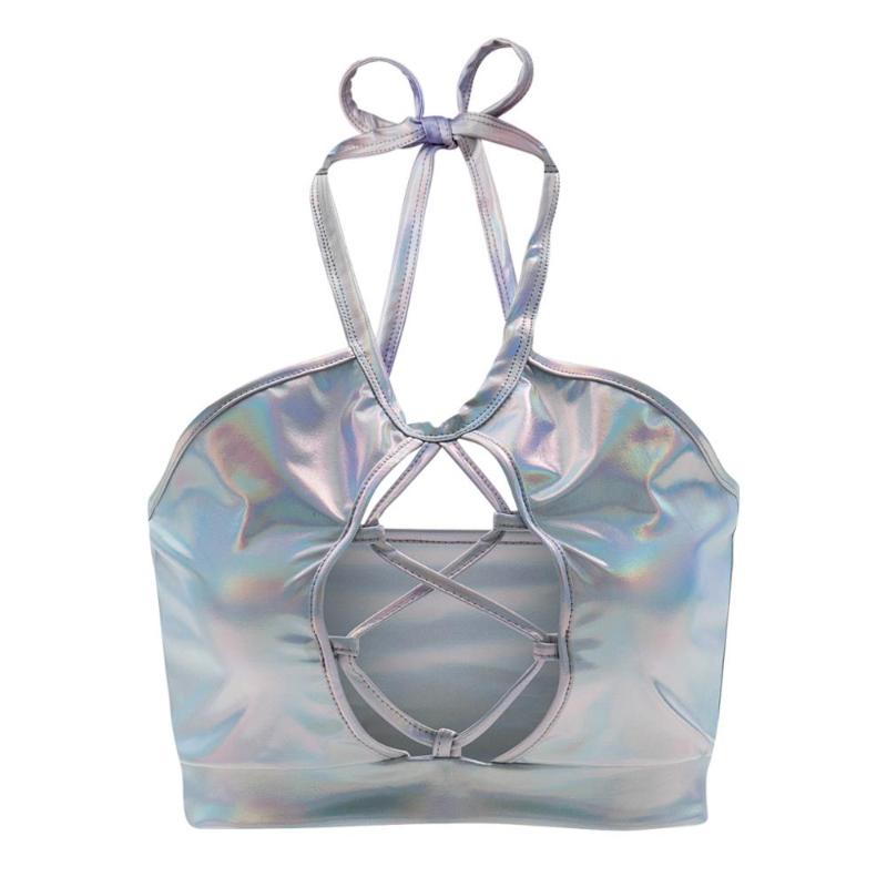 

Women' Tanks & Camis Women Sexy Wetlook Metallic Crop Top Shiny Halter Backless Lace-up Holographic Cami Tank Rave Dance Vest Party Clubwea, Black