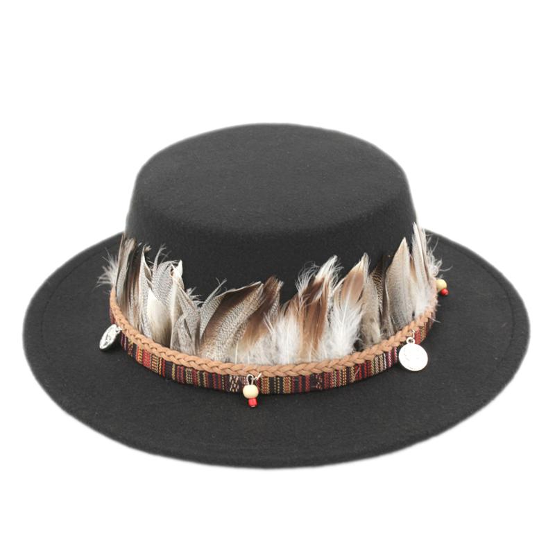 

Mistdawn Fashion Sailor Boater Hat Pork Pie Hat Flat Brim Fedora Bowler Cap w/ Feather Ribbon Band, Black