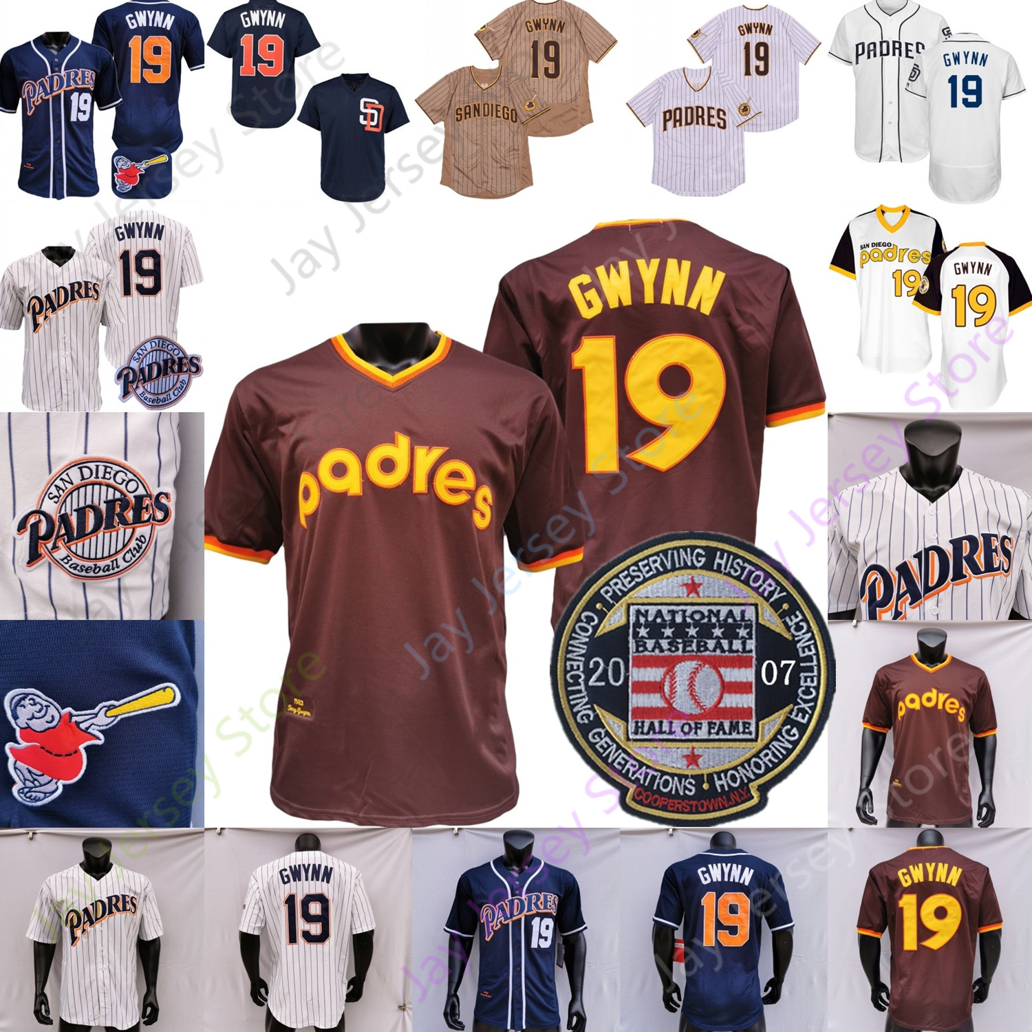 

Tony Gwynn Jersey 1982 2007 Baseball Hall Of Fame Patch White Pinstripe Navy Pullover Button Home Away All Stitched, Pinstripe turn back