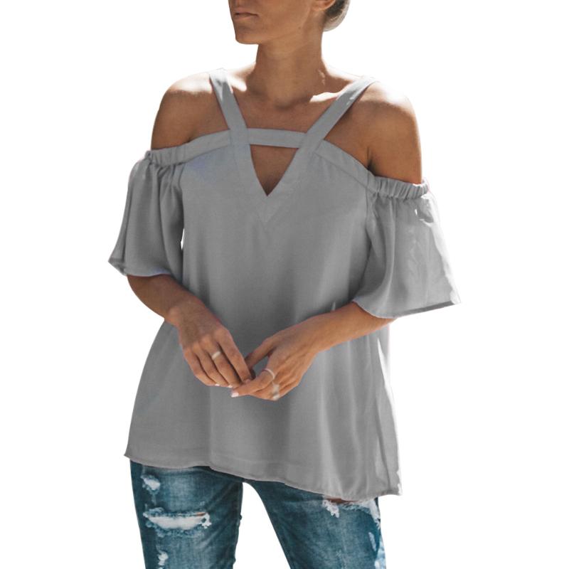 

Women Summer Fashion New Off Shoulder Irregular V-neck Half Sleeve Backless Solid Color Sun-top Loose Chiffon Shirt Blouse, Pink