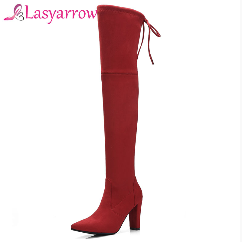 

Lasyarrow Flock Slim Women Boots Chunky High Heel Pumps Boots Shoes Autumn Winter Fashion Winter Thigh High Shoes Woman, Dark grey