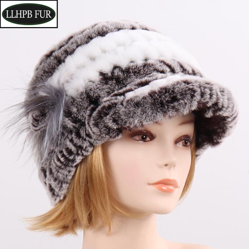 

Women Winter Real Rex Fur Hat 100% Natural Soft Rex Fur Beanies Hats Lady Knitted Warm Real Caps, Grey red 2