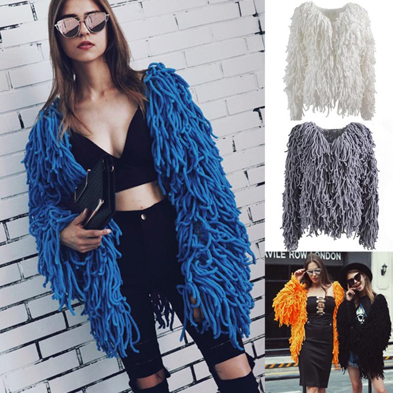 

Europe and United States Popular Personality Woven Jacket Coats Female Autumn and Winter New Tassel Blue Yellow Novelty Coat, Orange