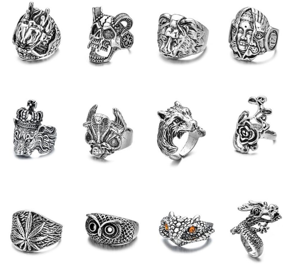 

Wholesale Lot Style Vintage Skull Skeleton Snake Jewelry Rings Punk Mixed Style Rings For Man Women, Silver