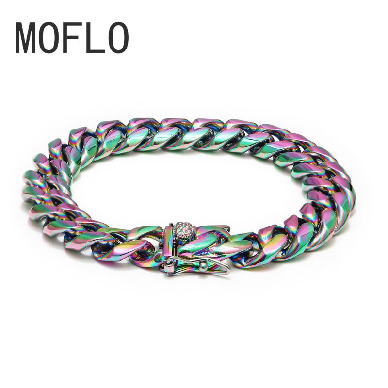 

MOFLO Rainbow Color Mens Hiphop Stainless Steel Cuban Chain Jewelry Cuban Link Chain 12MM Colorful Bracelet