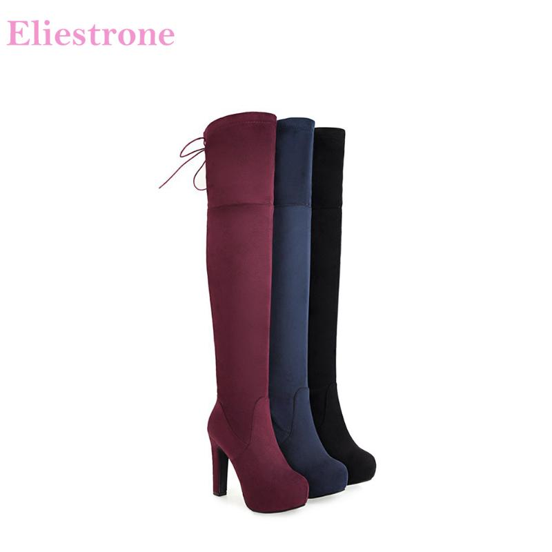 

Brand New Winter Fashion Women Thigh High Platform Boots Black Blue Plain Over Knee High Lady Shoes AC291 Plus Big Size 10 43
