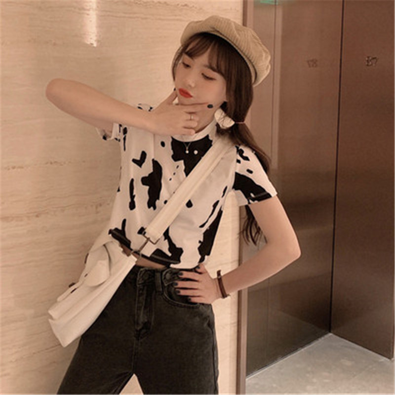 

2020 New Arrivals Camiseta Femme Retro O-neck Oclor Blocking Short Sleeve Cow T-shirt Crop Top Sweet Gril Tee Verano, White