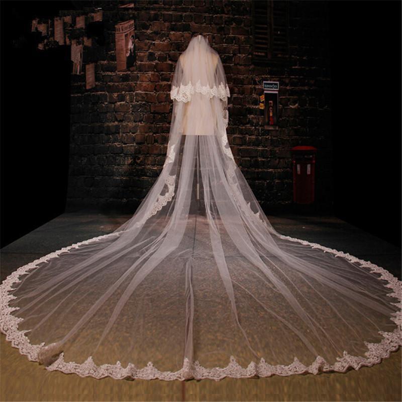 

Designed Two Layer Three Meters Length Embroidered Lace Appliques Lace Wedding Veils White Ivory Long Blush Face Bridal Veil