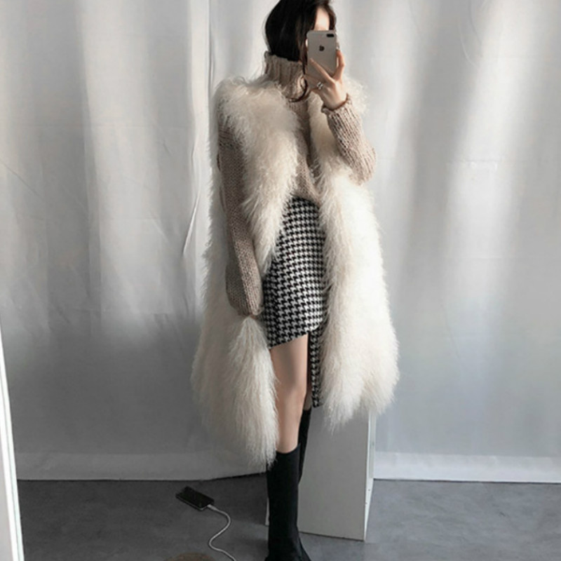 

Chic Faux Fur Vest Coat Winter Women Casual Slim Sleeveless Jacket Imitation Tank Long Hair shaggy Cardigan Tops, White