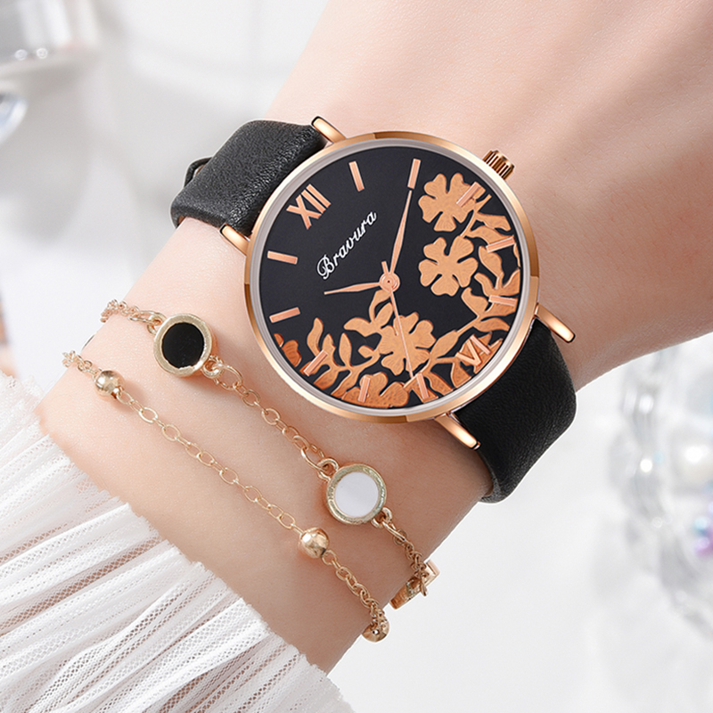 

Bravura Brand Watch Set Women 2pcs Quartz Wristwatch Leather Ladies Bracelet Luxury Watch Casual Relogio Femenino Dropshipping, 1pc black