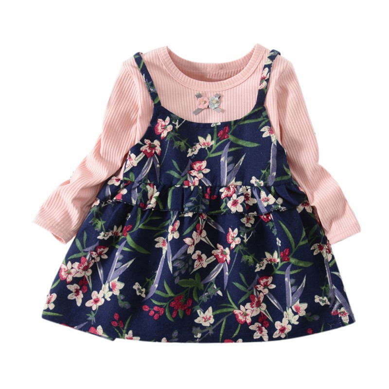 

Autumn Baby Girls Dress Casual Flower Infant Cute Fake 2 Piece Long Sleeve Dresses Pageant Sundress·, White
