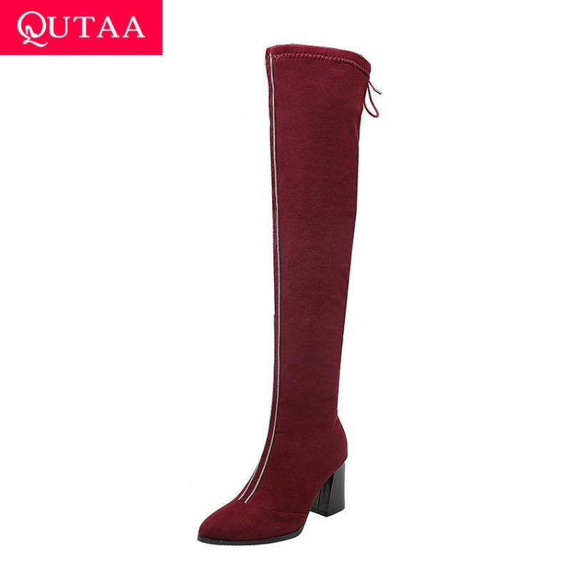 

QUTAA 2020 Lace Up Zipper Flock Winter Women Shoes Pointed Toe Fashion Thick Heel Stretch Fabrics Over The Knee Boots Size 34-43, Black