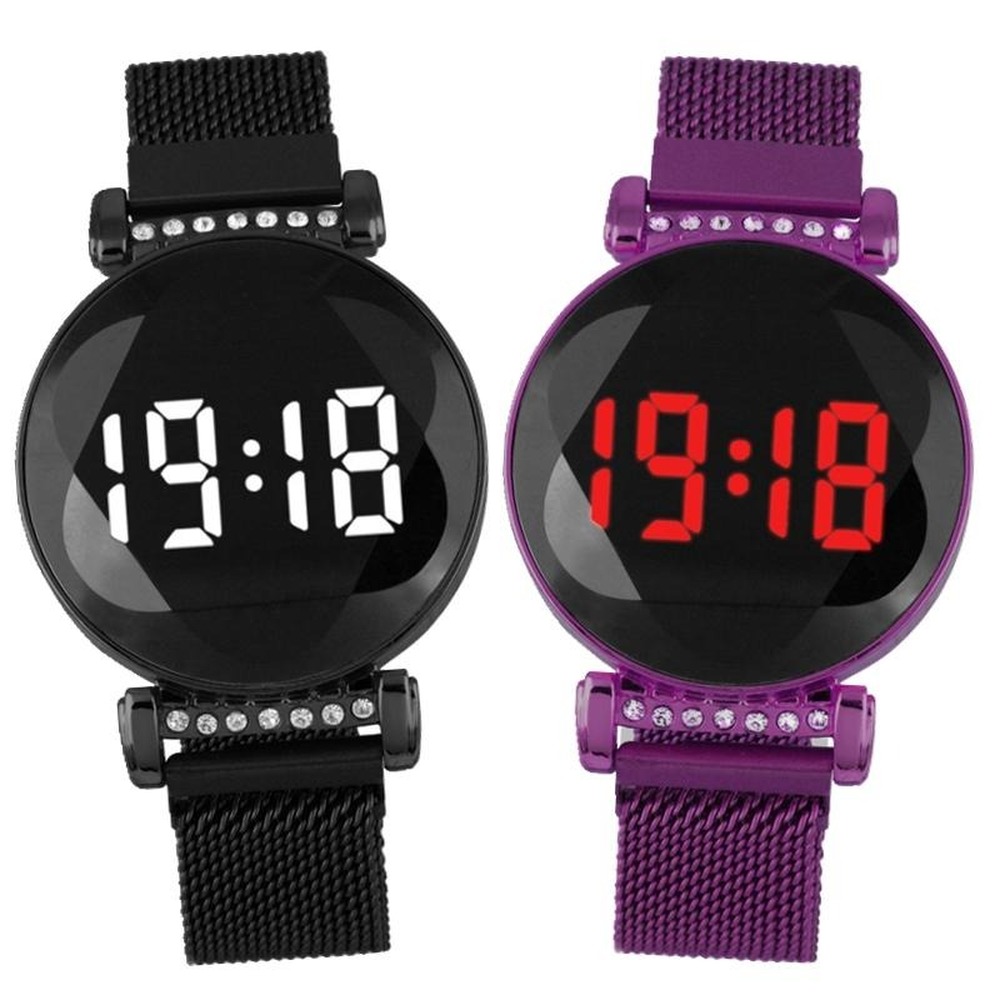 

Leisure Women Ladies Female Fashion Lazy Watches Whoesale Students Magnetic Belt Mesh White LED Light Digital Round Diamond Watches